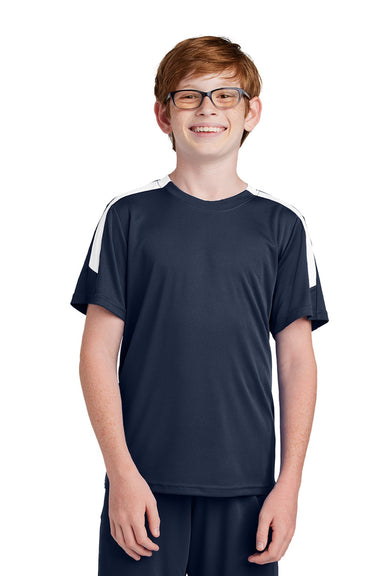 Sport-Tek YST100 Youth Moisture Wicking Competitor United Short Sleeve Crewneck T-Shirt True Navy Blue/White Model Front
