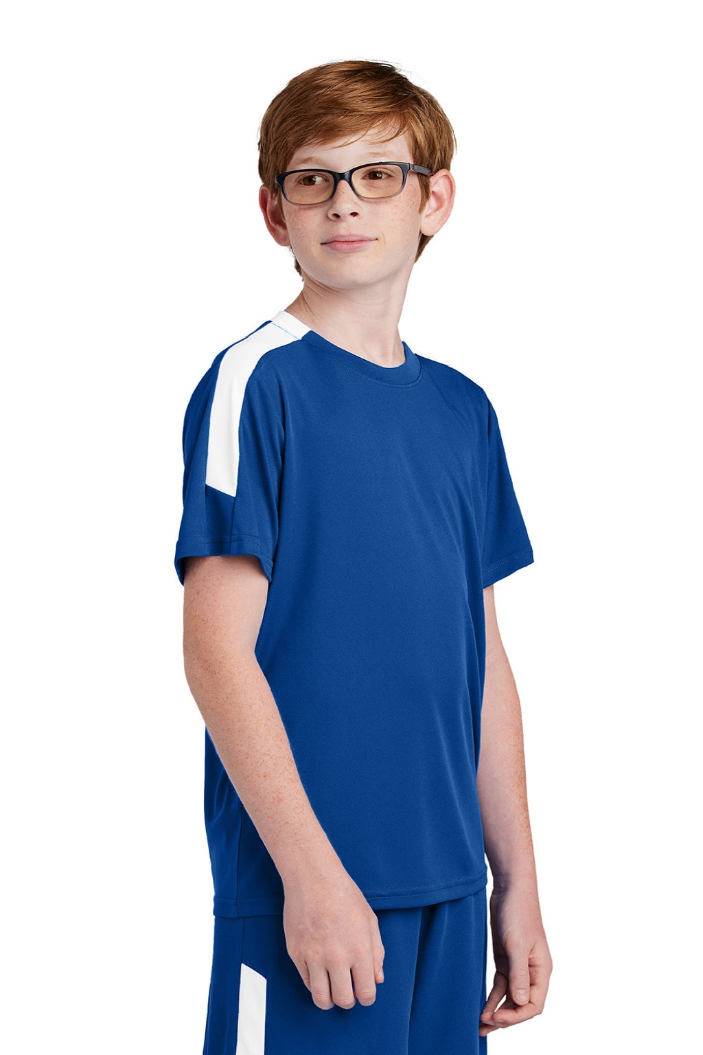 Sport-Tek YST100 Youth Moisture Wicking Competitor United Short Sleeve Crewneck T-Shirt True Royal Blue/White Model Side