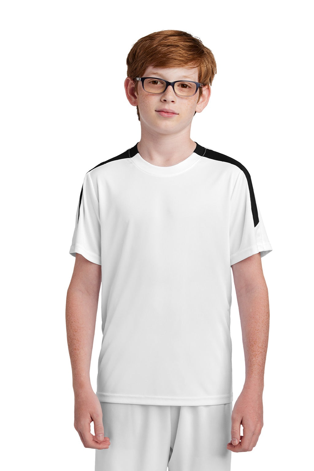 Sport-Tek YST100 Youth Moisture Wicking Competitor United Short Sleeve Crewneck T-Shirt White/Black Model Front