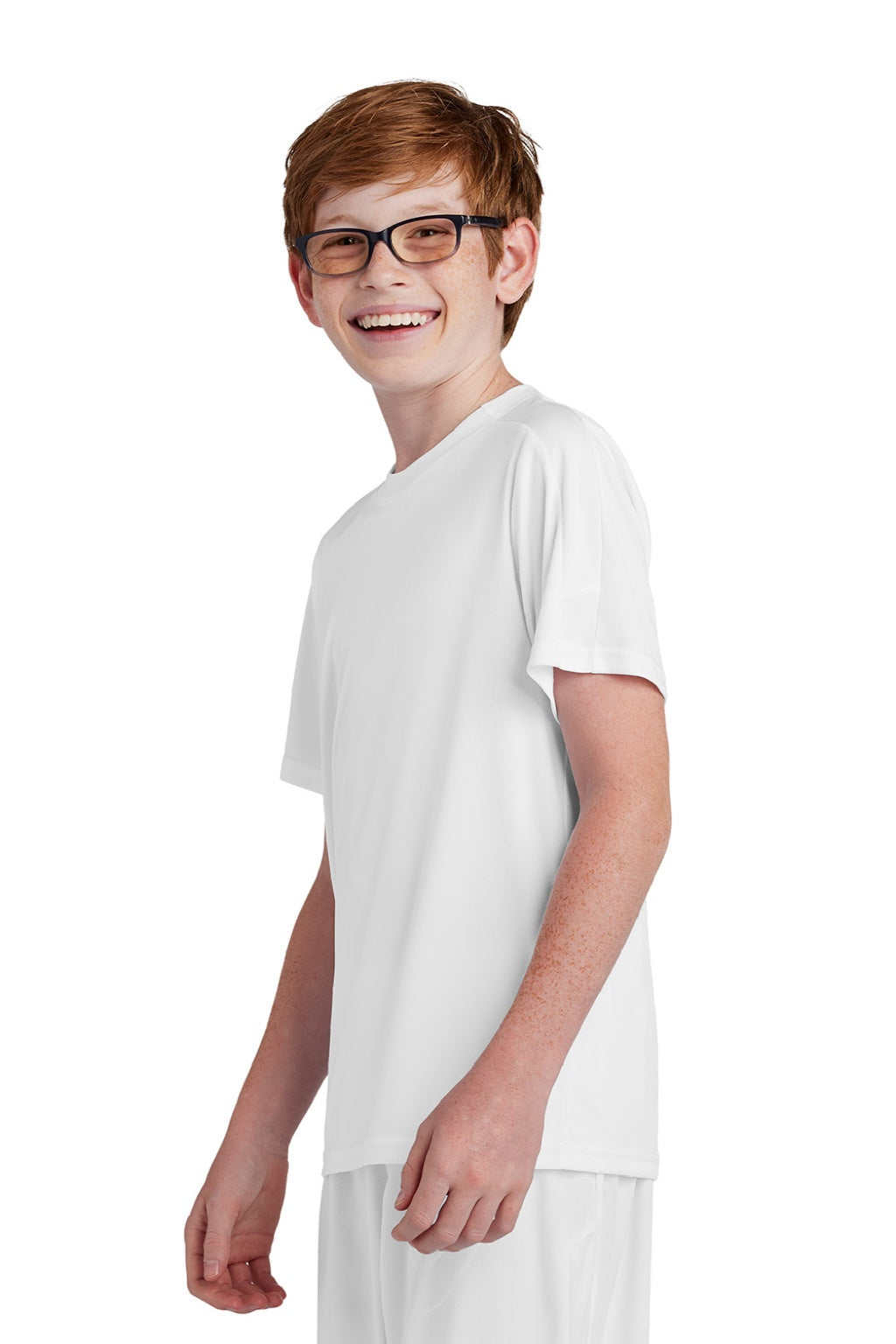 Sport-Tek YST100 Youth Moisture Wicking Competitor United Short Sleeve Crewneck T-Shirt White Model Side