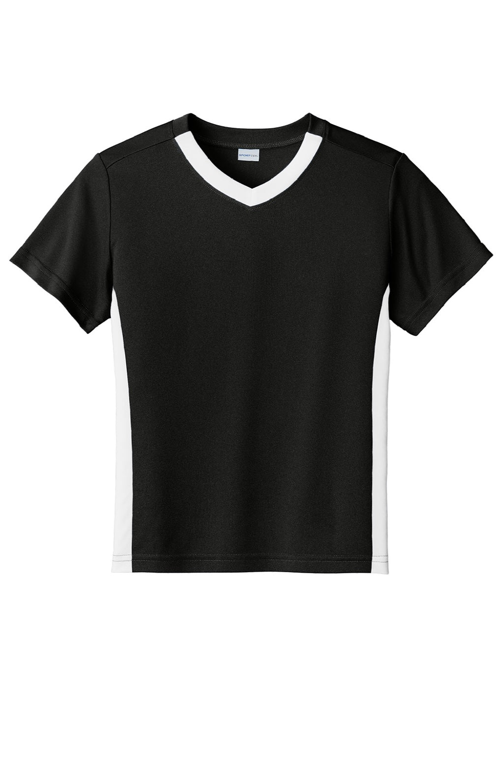 Sport-Tek YST101 Youth Moisture Wicking Competitor United Short Sleeve V-Neck T-Shirt Black/White Flat Front