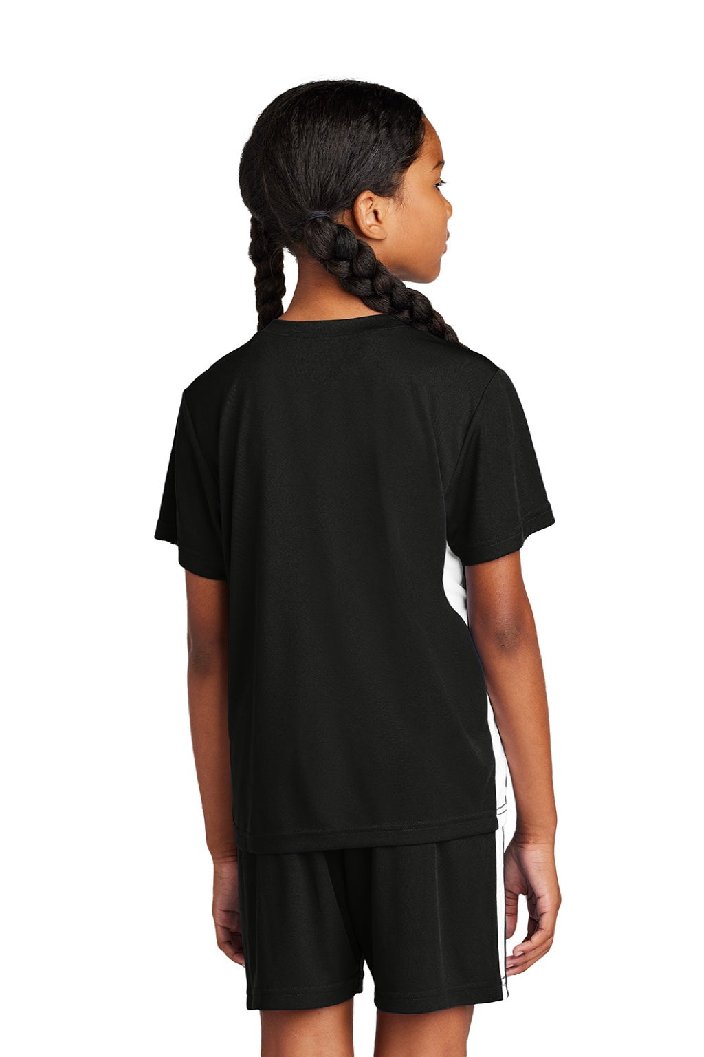 Sport-Tek YST101 Youth Moisture Wicking Competitor United Short Sleeve V-Neck T-Shirt Black/White Model Back