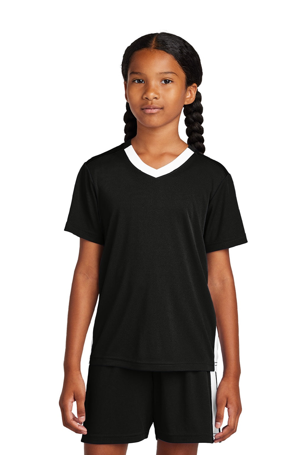 Sport-Tek YST101 Youth Moisture Wicking Competitor United Short Sleeve V-Neck T-Shirt Black/White Model Front