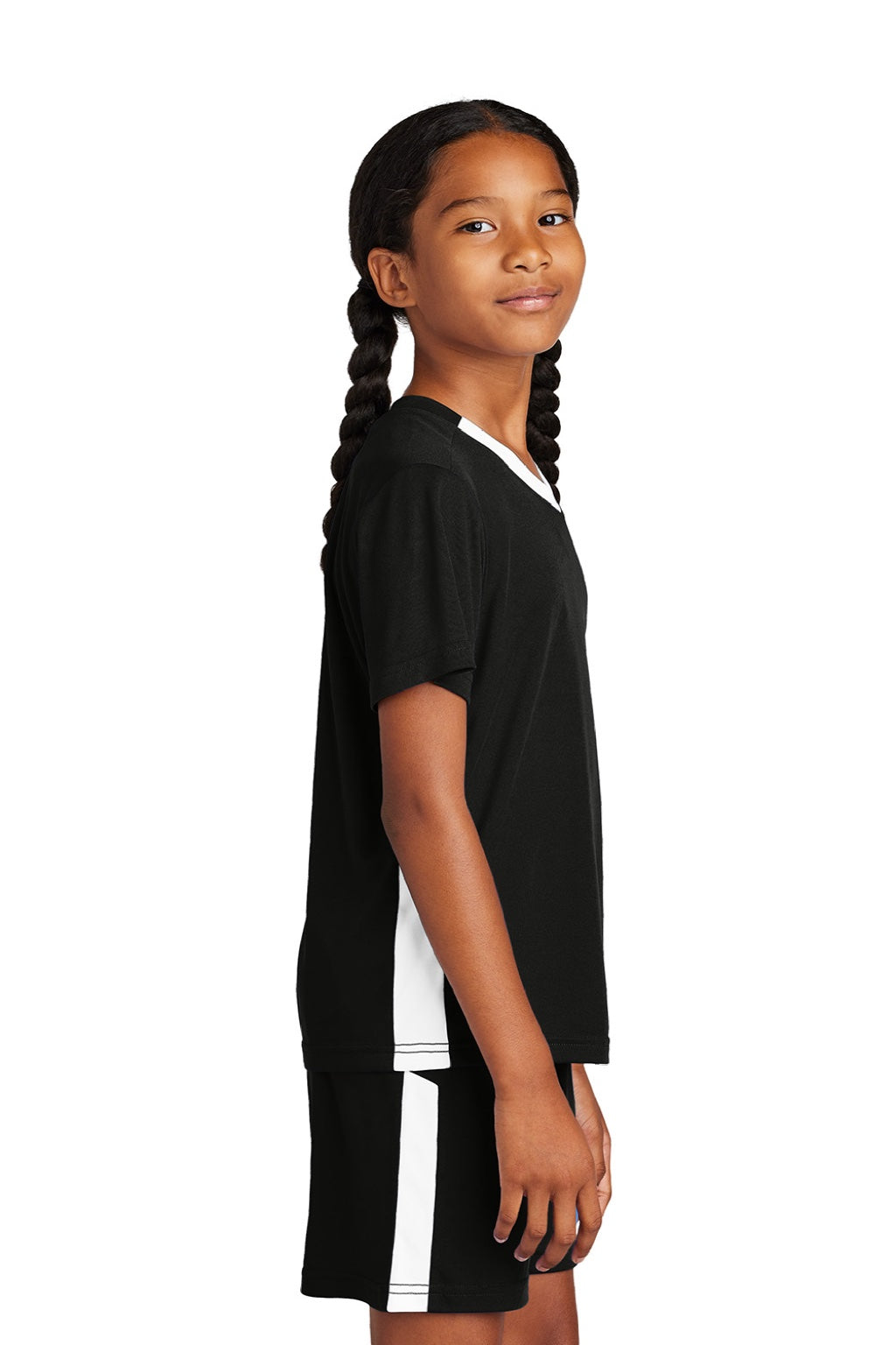Sport-Tek YST101 Youth Moisture Wicking Competitor United Short Sleeve V-Neck T-Shirt Black/White Model Side