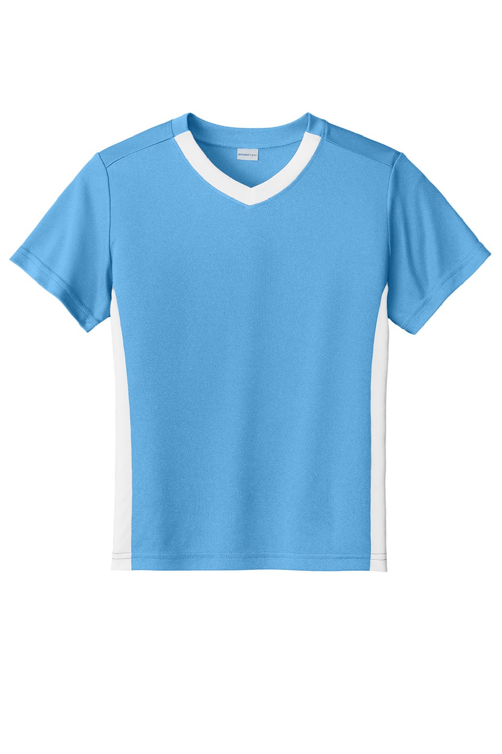Sport-Tek YST101 Youth Moisture Wicking Competitor United Short Sleeve V-Neck T-Shirt Carolina Blue/White Flat Front