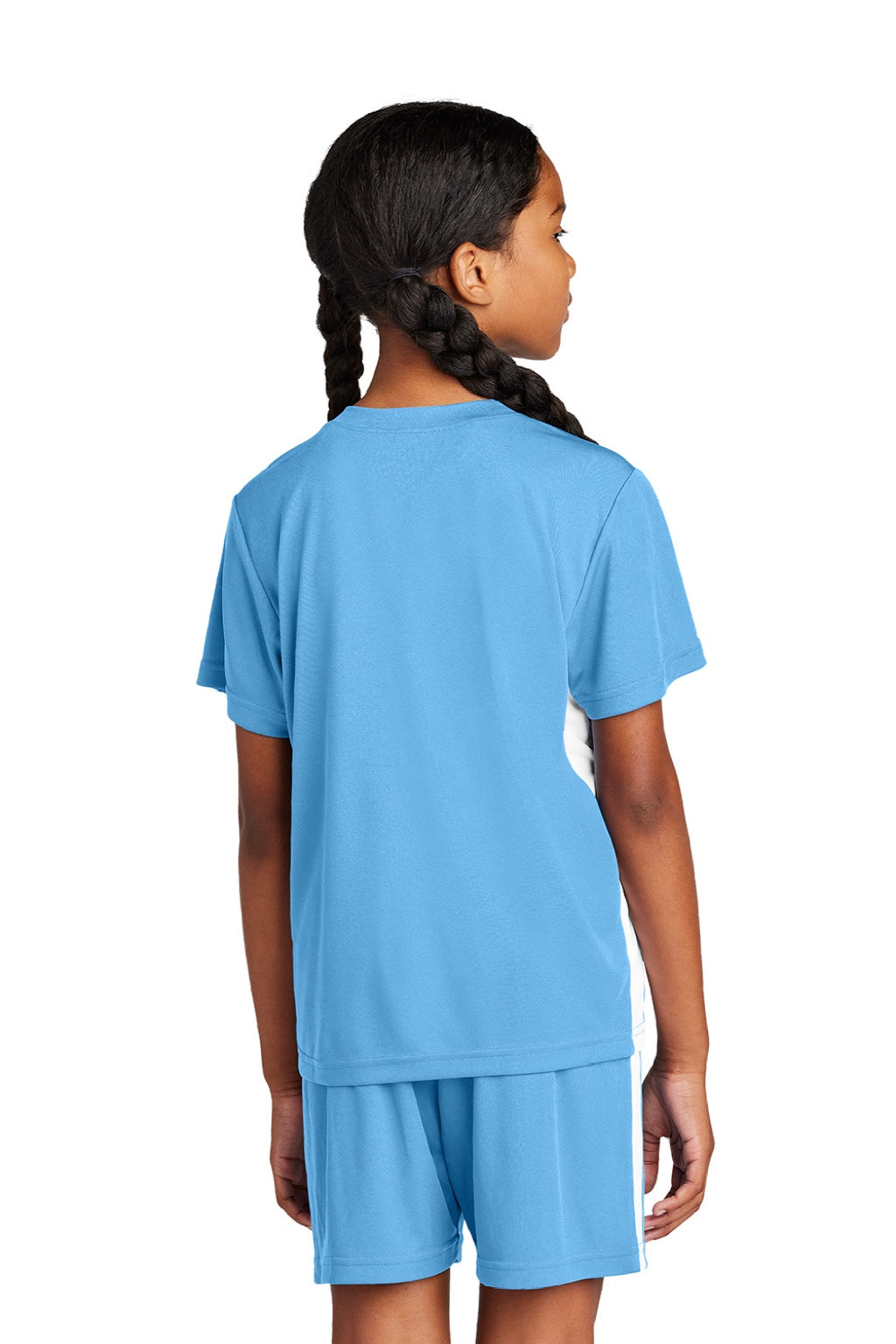 Sport-Tek YST101 Youth Moisture Wicking Competitor United Short Sleeve V-Neck T-Shirt Carolina Blue/White Model Back