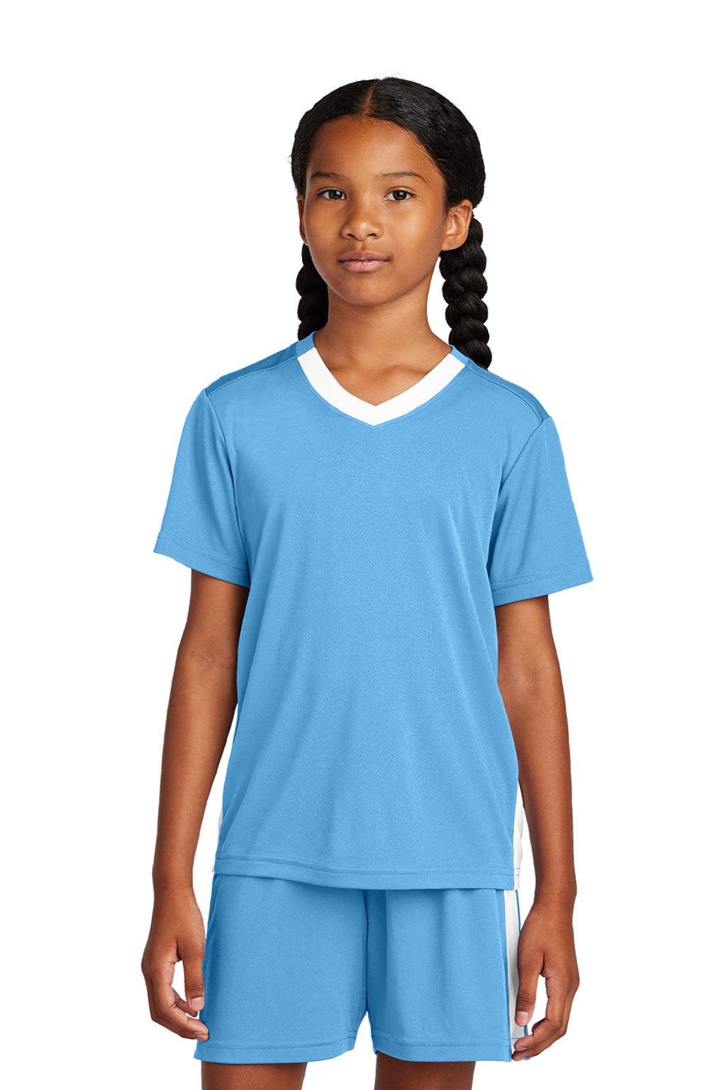 Sport-Tek YST101 Youth Moisture Wicking Competitor United Short Sleeve V-Neck T-Shirt Carolina Blue/White Model Front