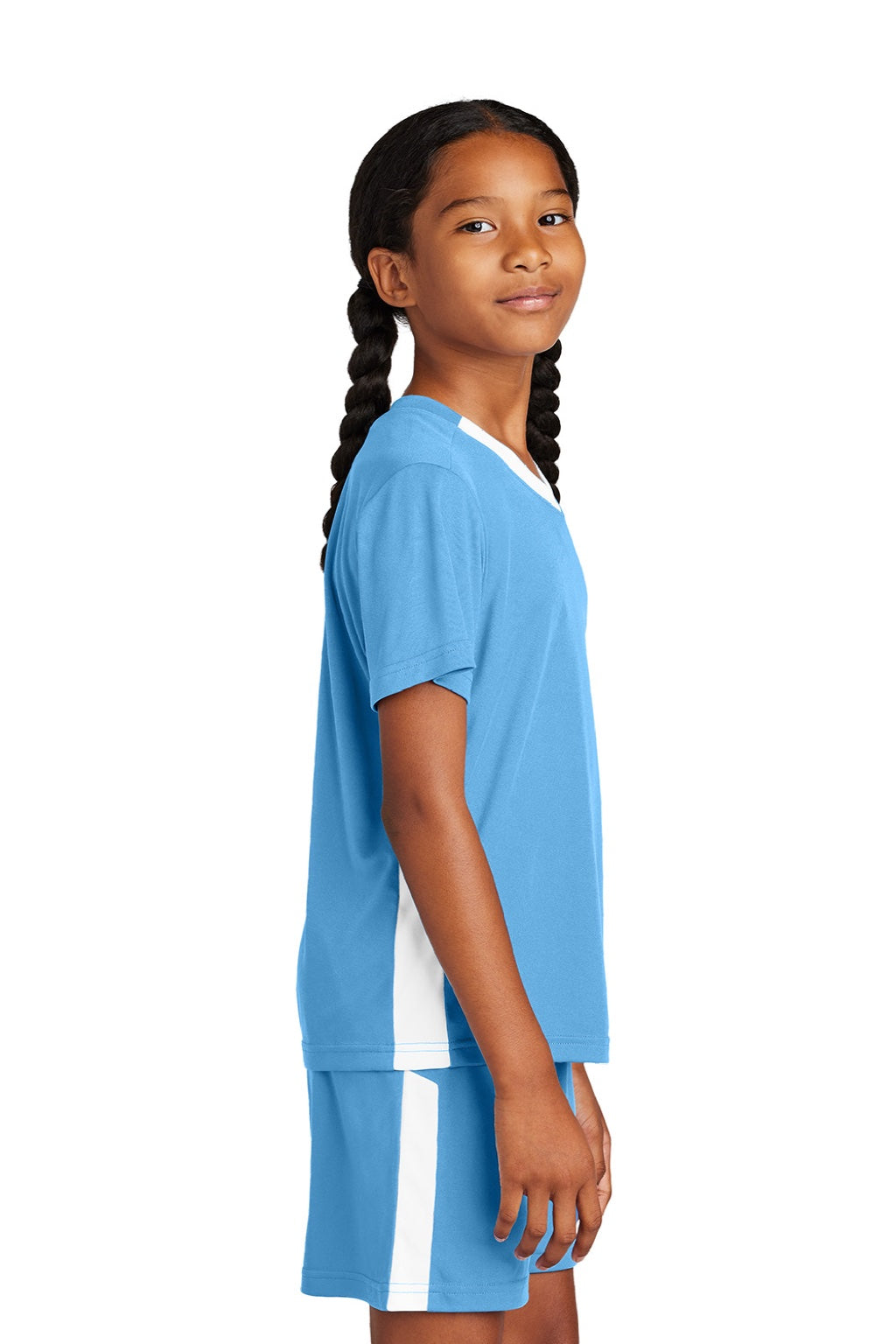 Sport-Tek YST101 Youth Moisture Wicking Competitor United Short Sleeve V-Neck T-Shirt Carolina Blue/White Model Side