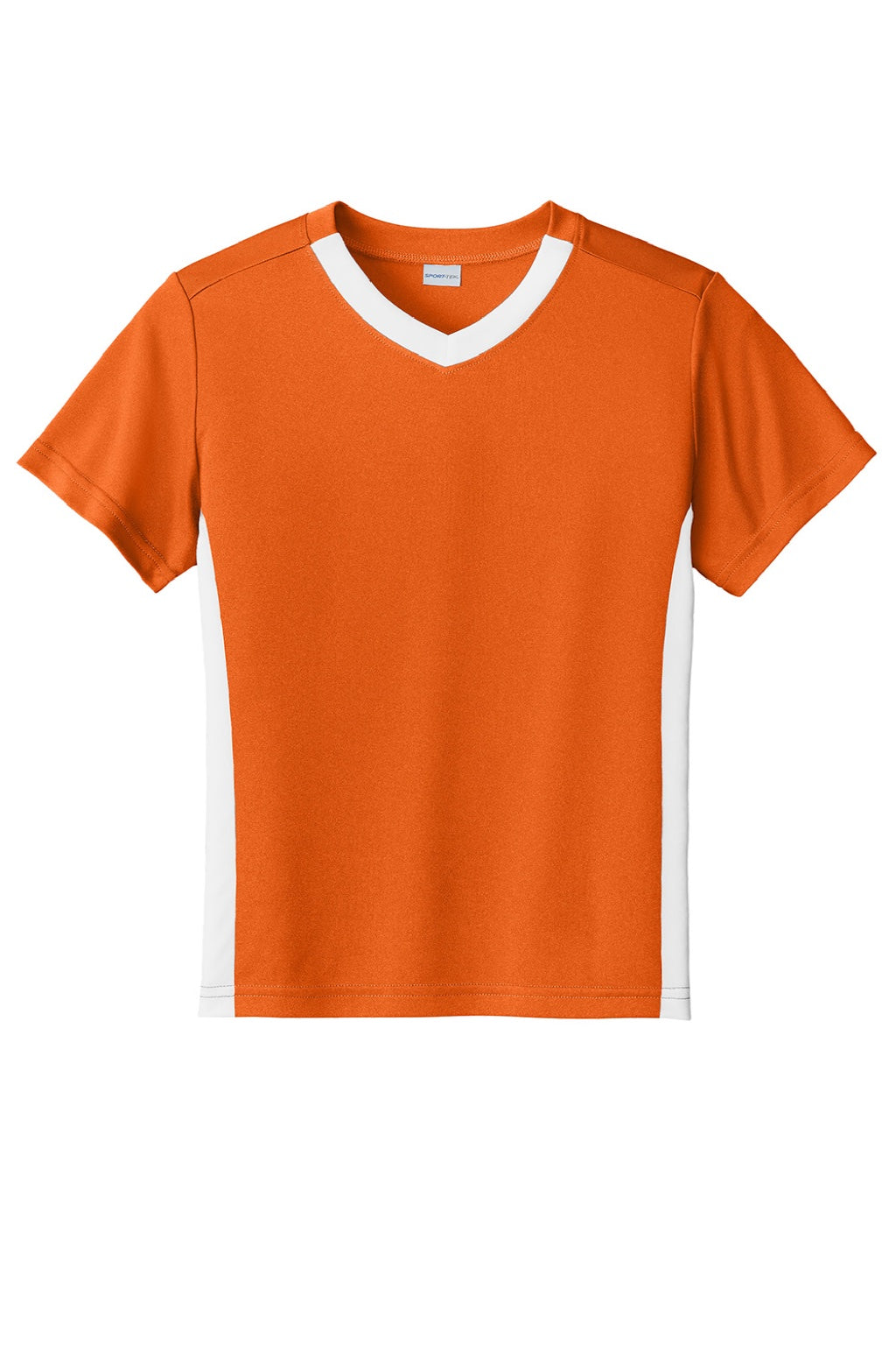 Sport-Tek YST101 Youth Moisture Wicking Competitor United Short Sleeve V-Neck T-Shirt Deep Orange/White Flat Front