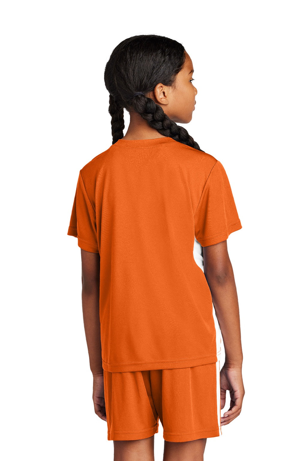 Sport-Tek YST101 Youth Moisture Wicking Competitor United Short Sleeve V-Neck T-Shirt Deep Orange/White Model Back