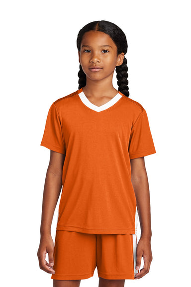 Sport-Tek YST101 Youth Moisture Wicking Competitor United Short Sleeve V-Neck T-Shirt Deep Orange/White Model Front