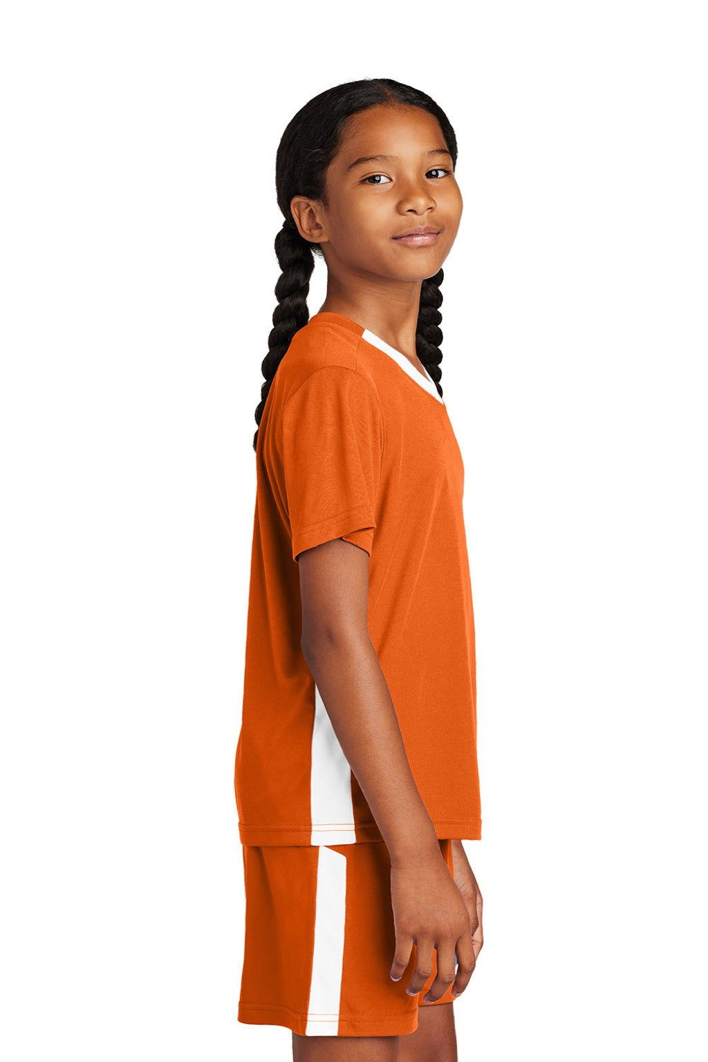 Sport-Tek YST101 Youth Moisture Wicking Competitor United Short Sleeve V-Neck T-Shirt Deep Orange/White Model Side