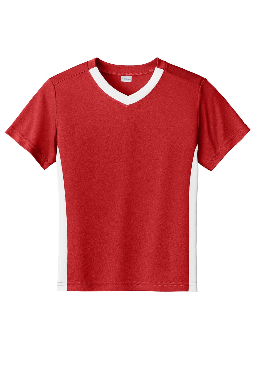 Sport-Tek YST101 Youth Moisture Wicking Competitor United Short Sleeve V-Neck T-Shirt Deep Red/White Flat Front