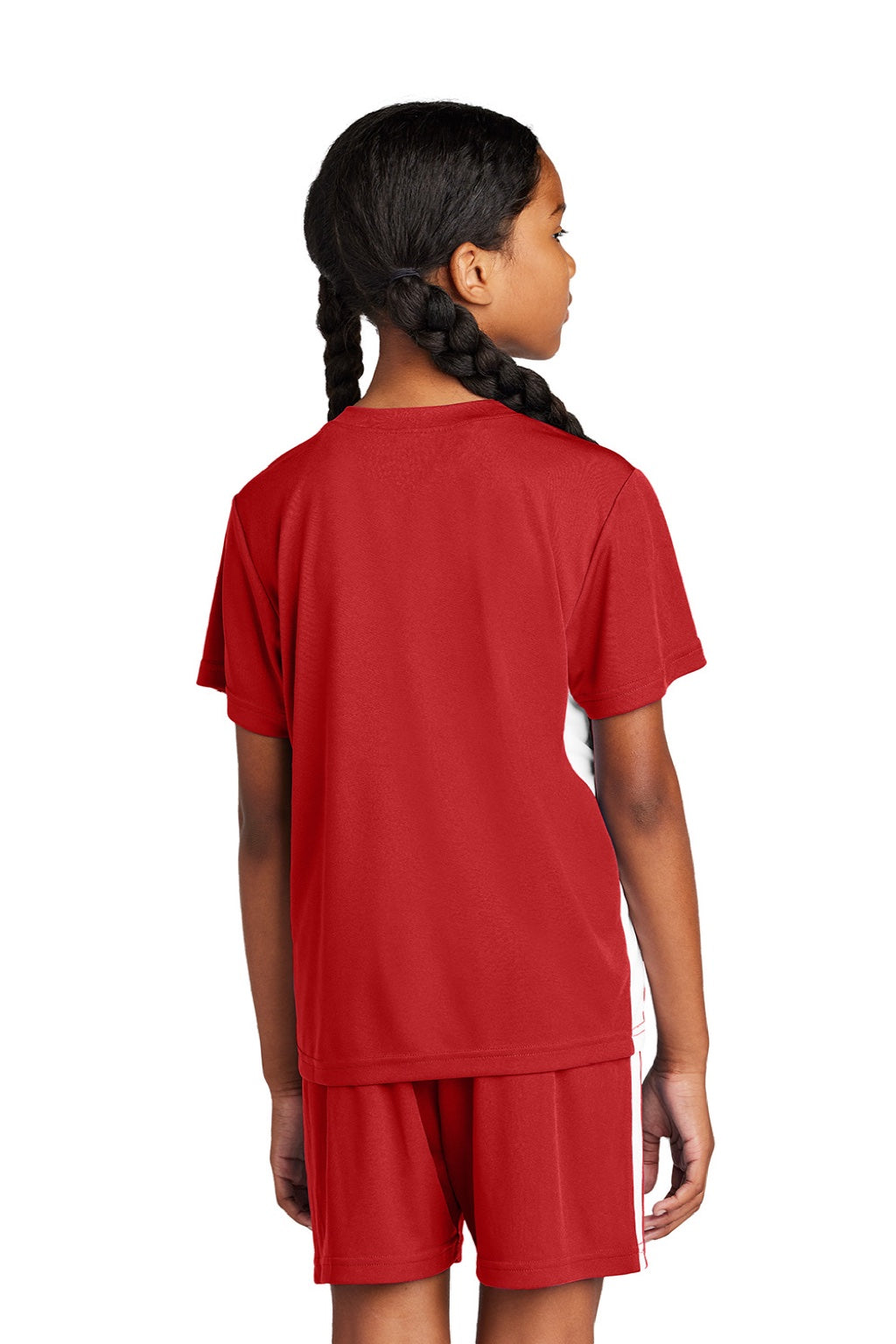 Sport-Tek YST101 Youth Moisture Wicking Competitor United Short Sleeve V-Neck T-Shirt Deep Red/White Model Back