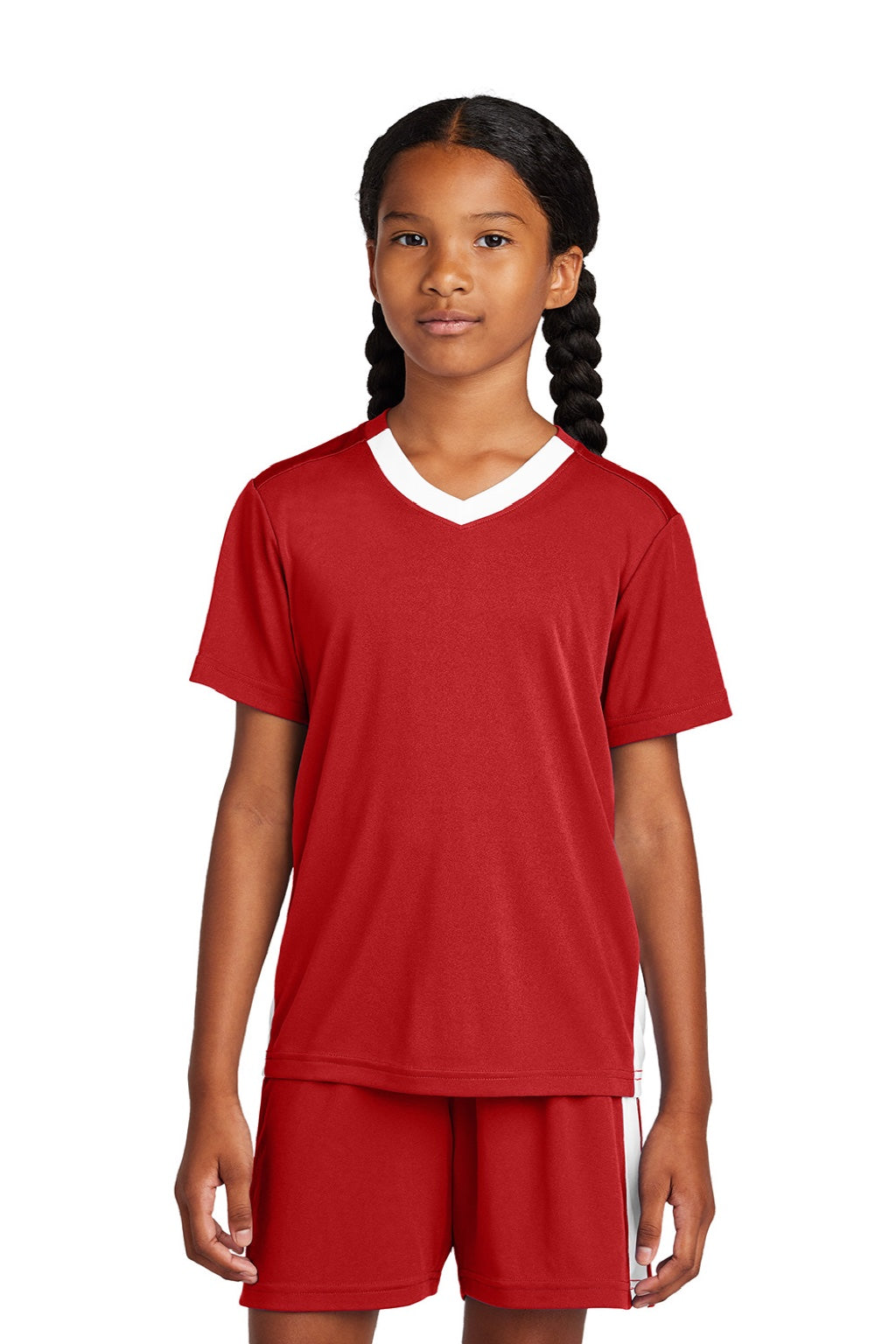 Sport-Tek YST101 Youth Moisture Wicking Competitor United Short Sleeve V-Neck T-Shirt Deep Red/White Model Front