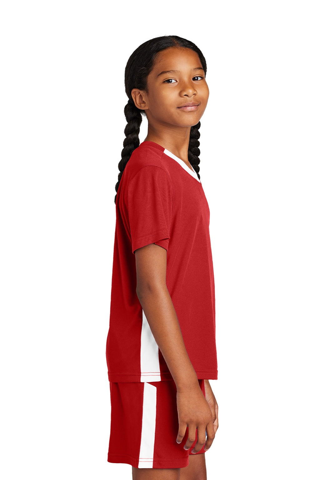 Sport-Tek YST101 Youth Moisture Wicking Competitor United Short Sleeve V-Neck T-Shirt Deep Red/White Model Side