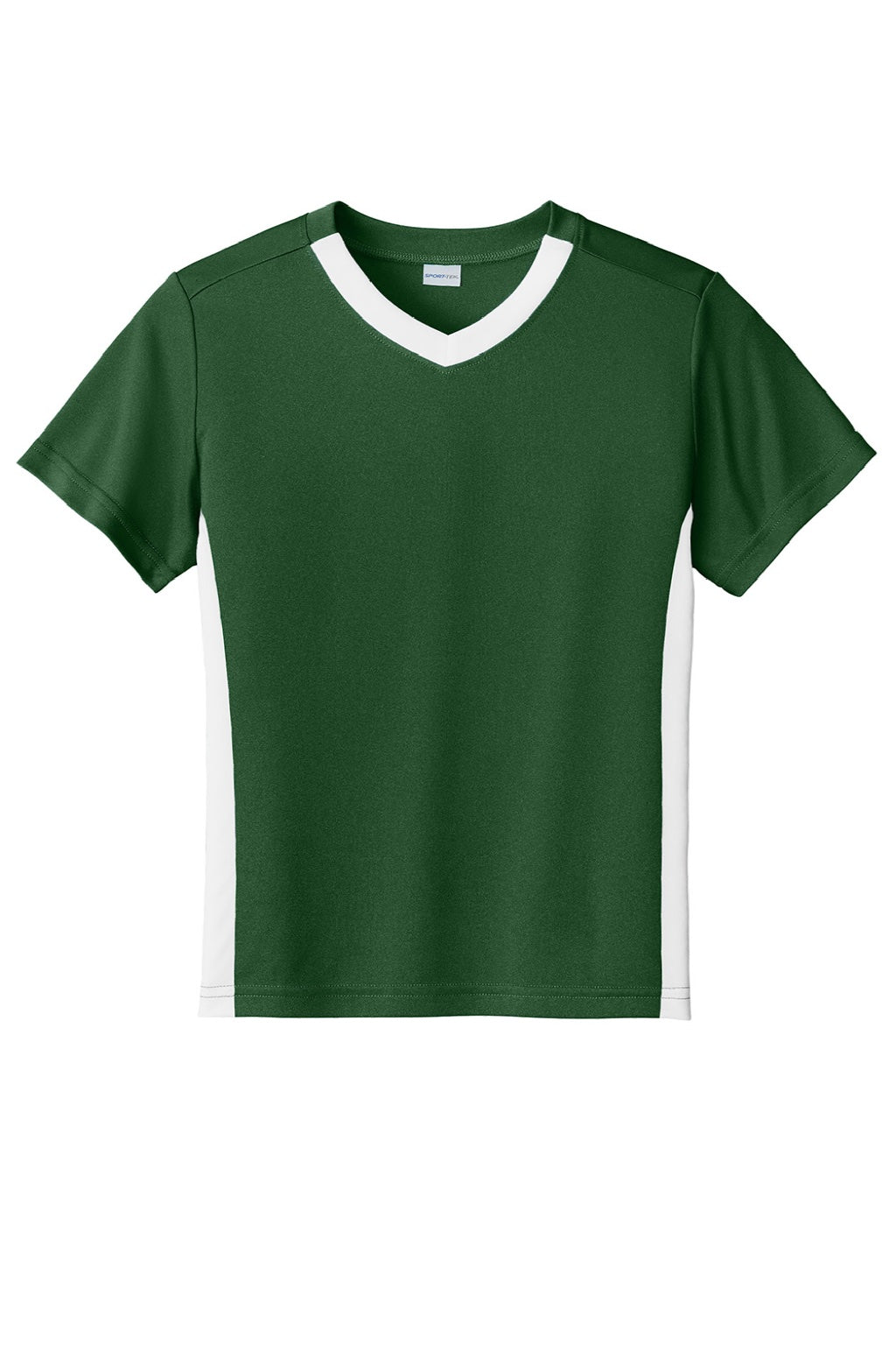 Sport-Tek YST101 Youth Moisture Wicking Competitor United Short Sleeve V-Neck T-Shirt Forest Green/White Flat Front