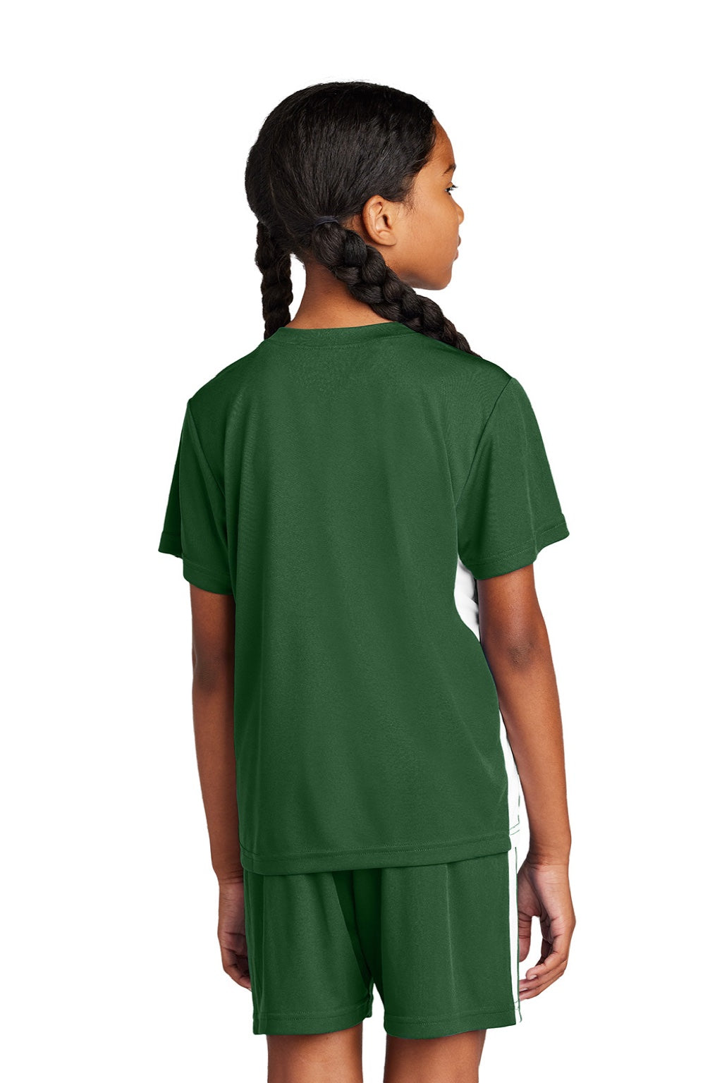 Sport-Tek YST101 Youth Moisture Wicking Competitor United Short Sleeve V-Neck T-Shirt Forest Green/White Model Back