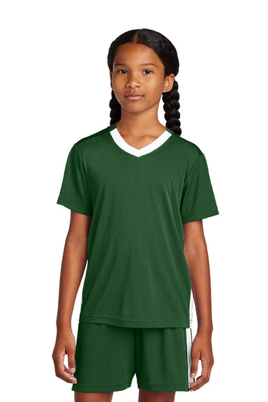 Sport-Tek YST101 Youth Moisture Wicking Competitor United Short Sleeve V-Neck T-Shirt Forest Green/White Model Front