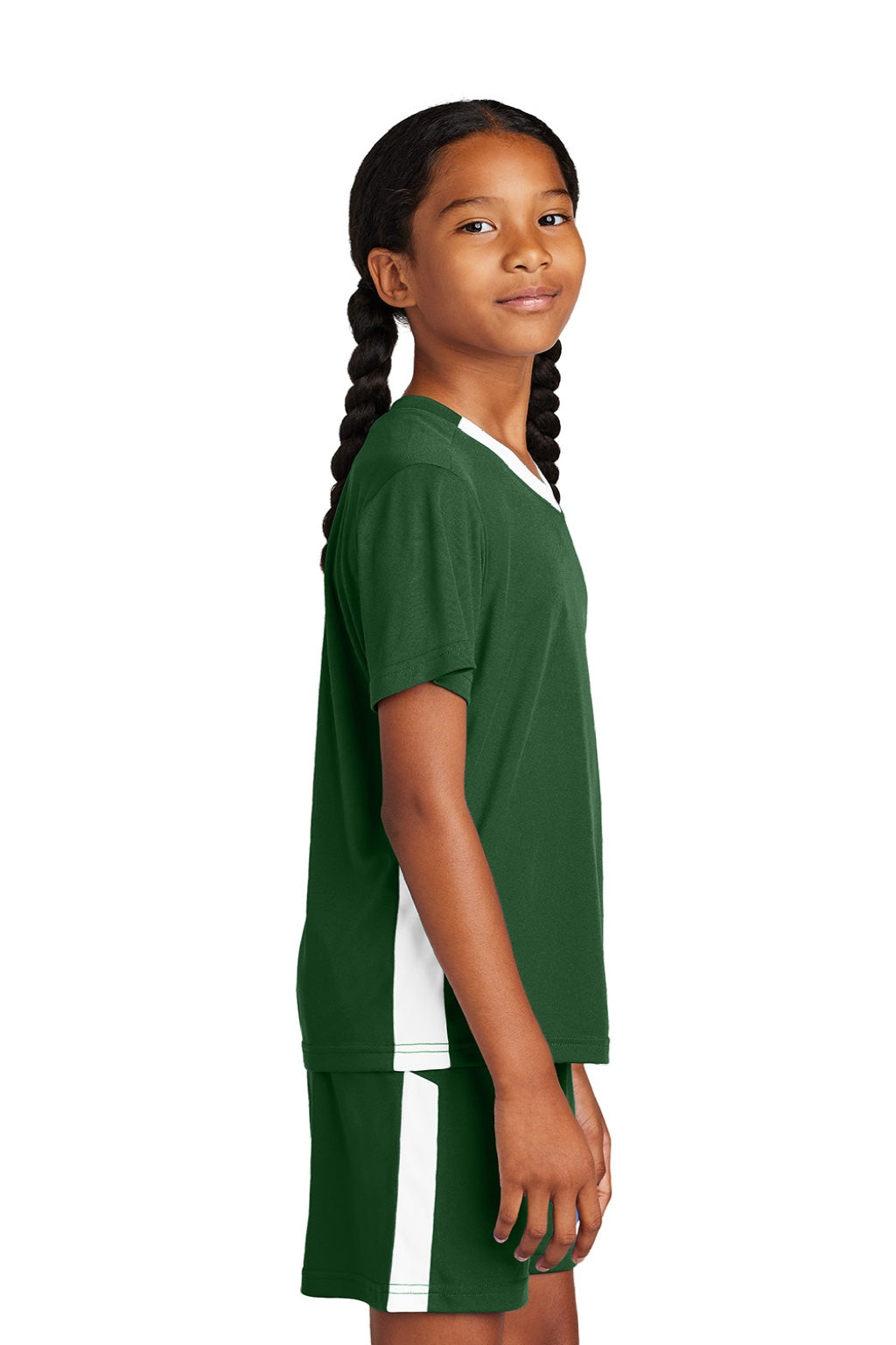 Sport-Tek YST101 Youth Moisture Wicking Competitor United Short Sleeve V-Neck T-Shirt Forest Green/White Model Side
