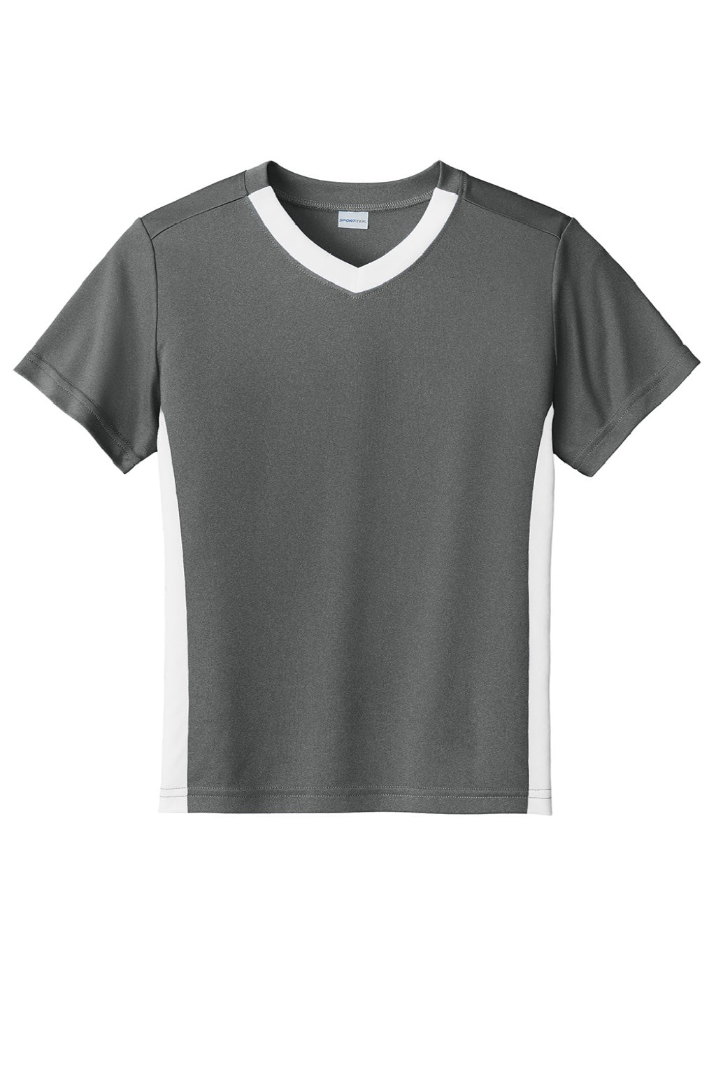 Sport-Tek YST101 Youth Moisture Wicking Competitor United Short Sleeve V-Neck T-Shirt Iron Grey/White Flat Front
