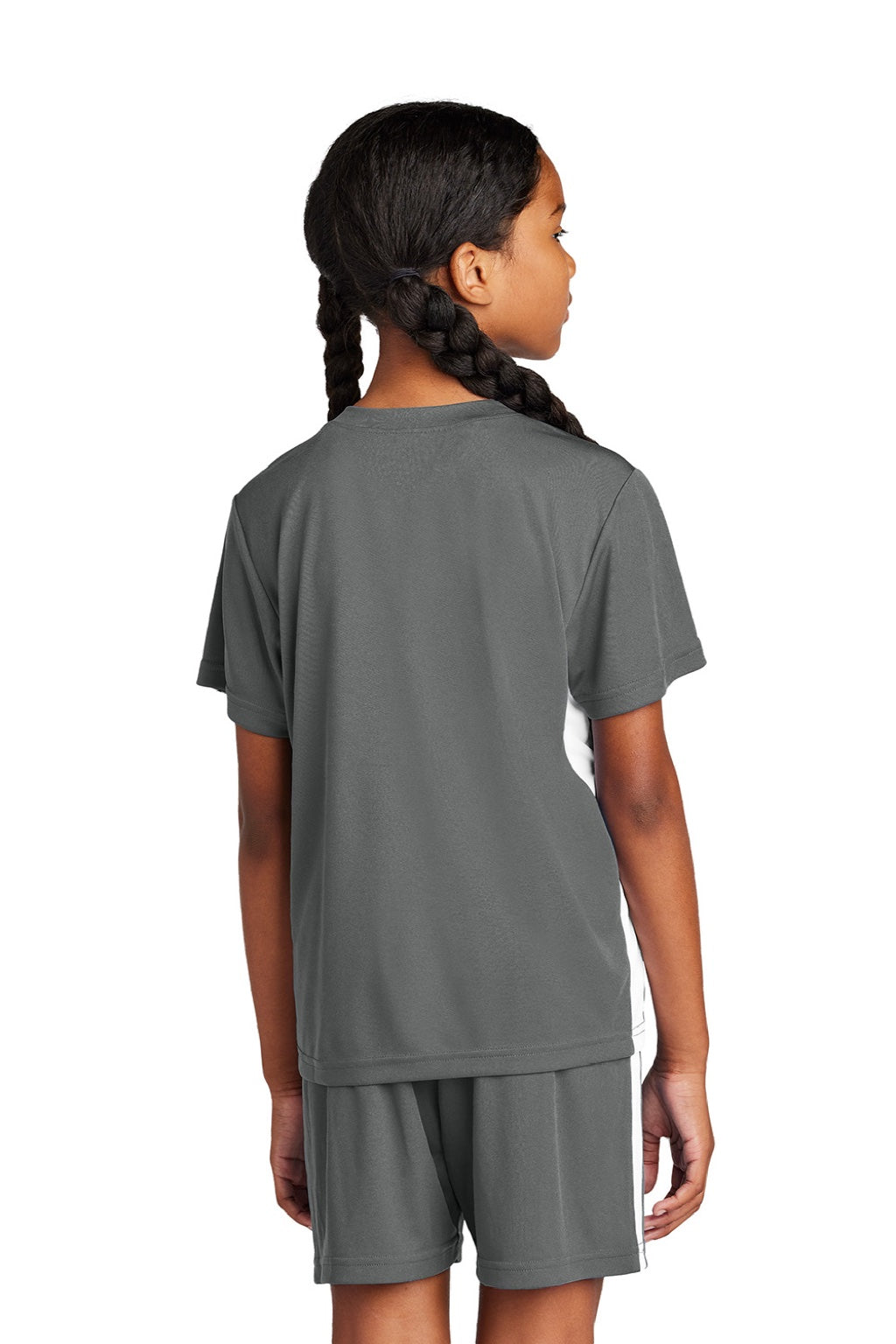 Sport-Tek YST101 Youth Moisture Wicking Competitor United Short Sleeve V-Neck T-Shirt Iron Grey/White Model Back