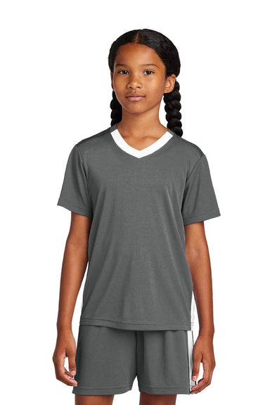 Sport-Tek YST101 Youth Moisture Wicking Competitor United Short Sleeve V-Neck T-Shirt Iron Grey/White Model Front
