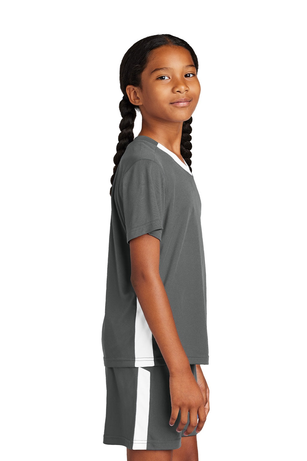 Sport-Tek YST101 Youth Moisture Wicking Competitor United Short Sleeve V-Neck T-Shirt Iron Grey/White Model Side