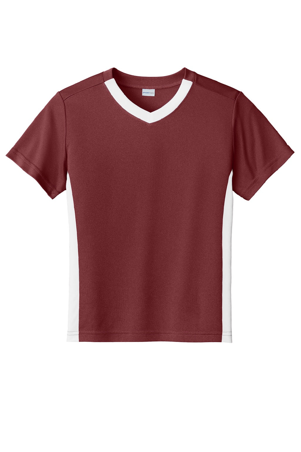 Sport-Tek YST101 Youth Moisture Wicking Competitor United Short Sleeve V-Neck T-Shirt Maroon/White Flat Front