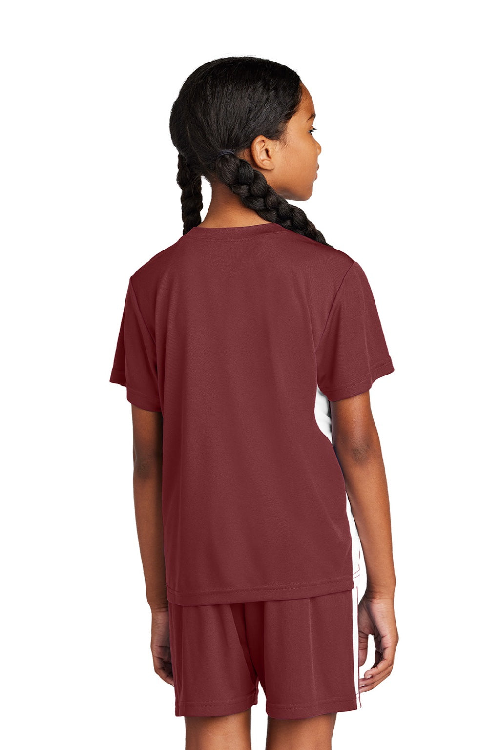 Sport-Tek YST101 Youth Moisture Wicking Competitor United Short Sleeve V-Neck T-Shirt Maroon/White Model Back