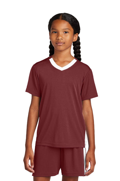 Sport-Tek YST101 Youth Moisture Wicking Competitor United Short Sleeve V-Neck T-Shirt Maroon/White Model Front