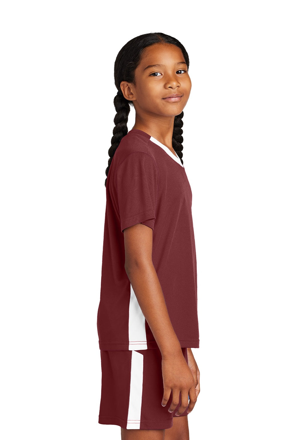 Sport-Tek YST101 Youth Moisture Wicking Competitor United Short Sleeve V-Neck T-Shirt Maroon/White Model Side