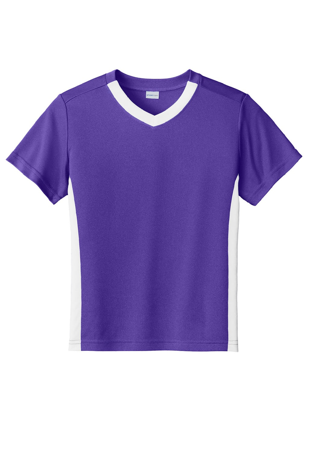 Sport-Tek YST101 Youth Moisture Wicking Competitor United Short Sleeve V-Neck T-Shirt Purple/White Flat Front