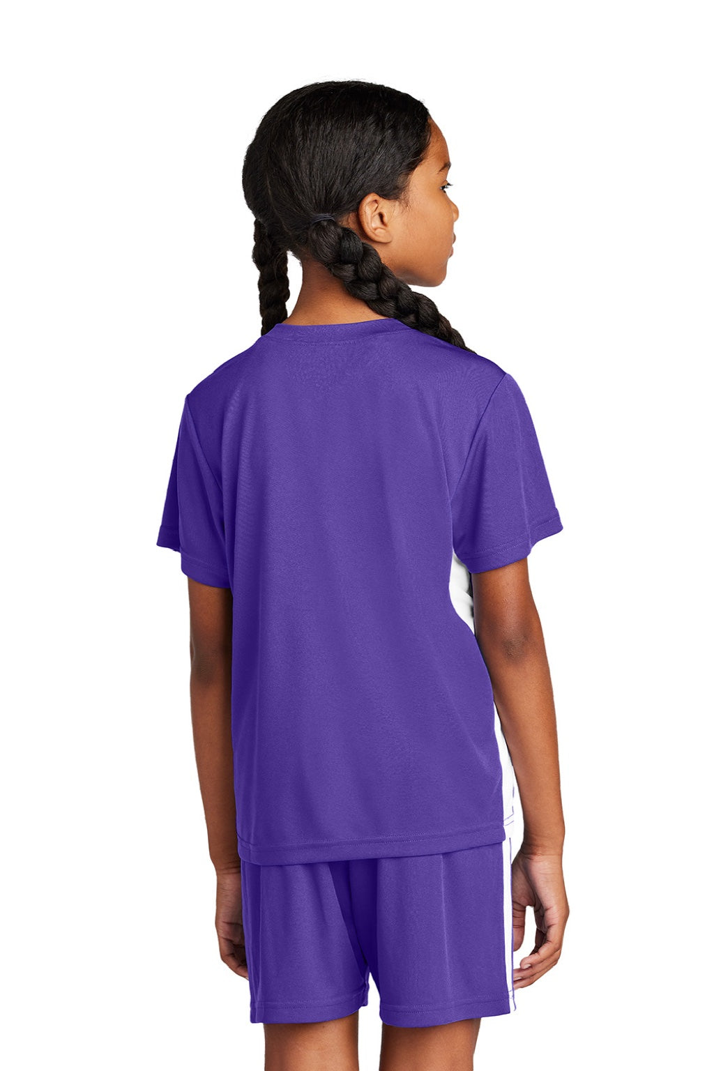 Sport-Tek YST101 Youth Moisture Wicking Competitor United Short Sleeve V-Neck T-Shirt Purple/White Model Back