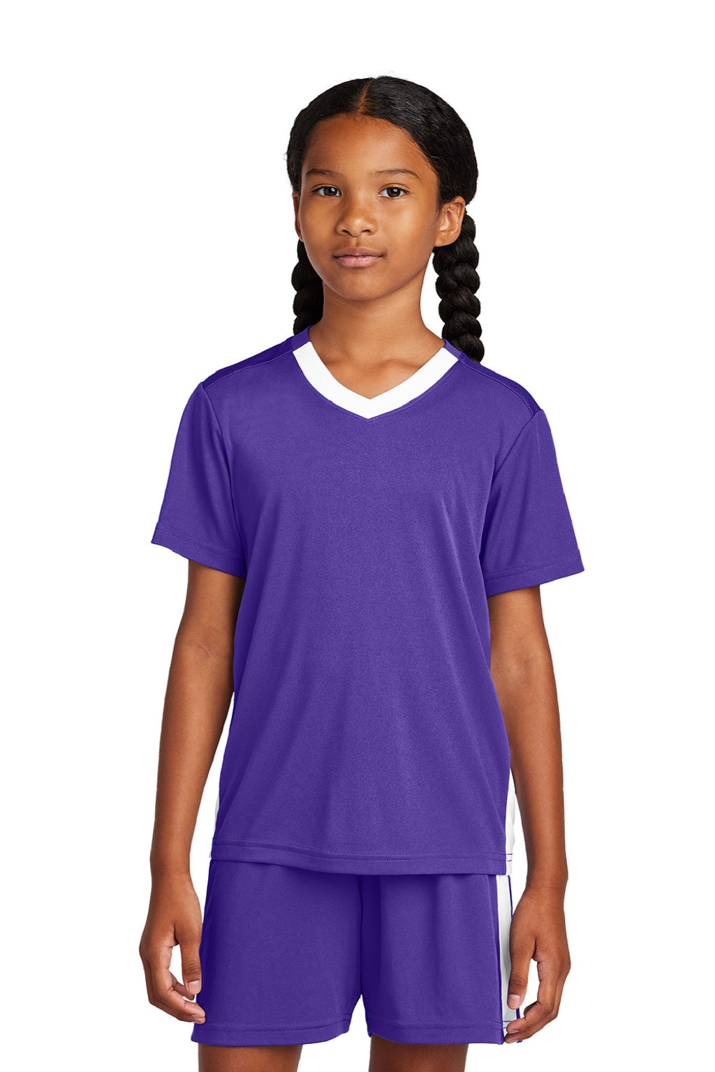Sport-Tek YST101 Youth Moisture Wicking Competitor United Short Sleeve V-Neck T-Shirt Purple/White Model Front
