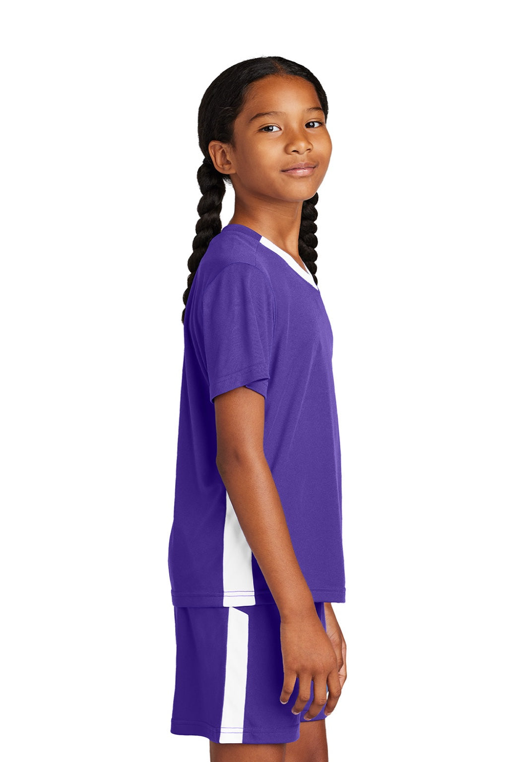 Sport-Tek YST101 Youth Moisture Wicking Competitor United Short Sleeve V-Neck T-Shirt Purple/White Model Side