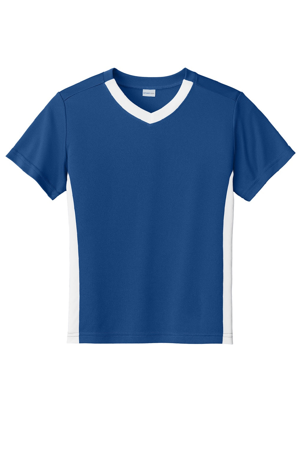 Sport-Tek YST101 Youth Moisture Wicking Competitor United Short Sleeve V-Neck T-Shirt Royal Blue/White Flat Front