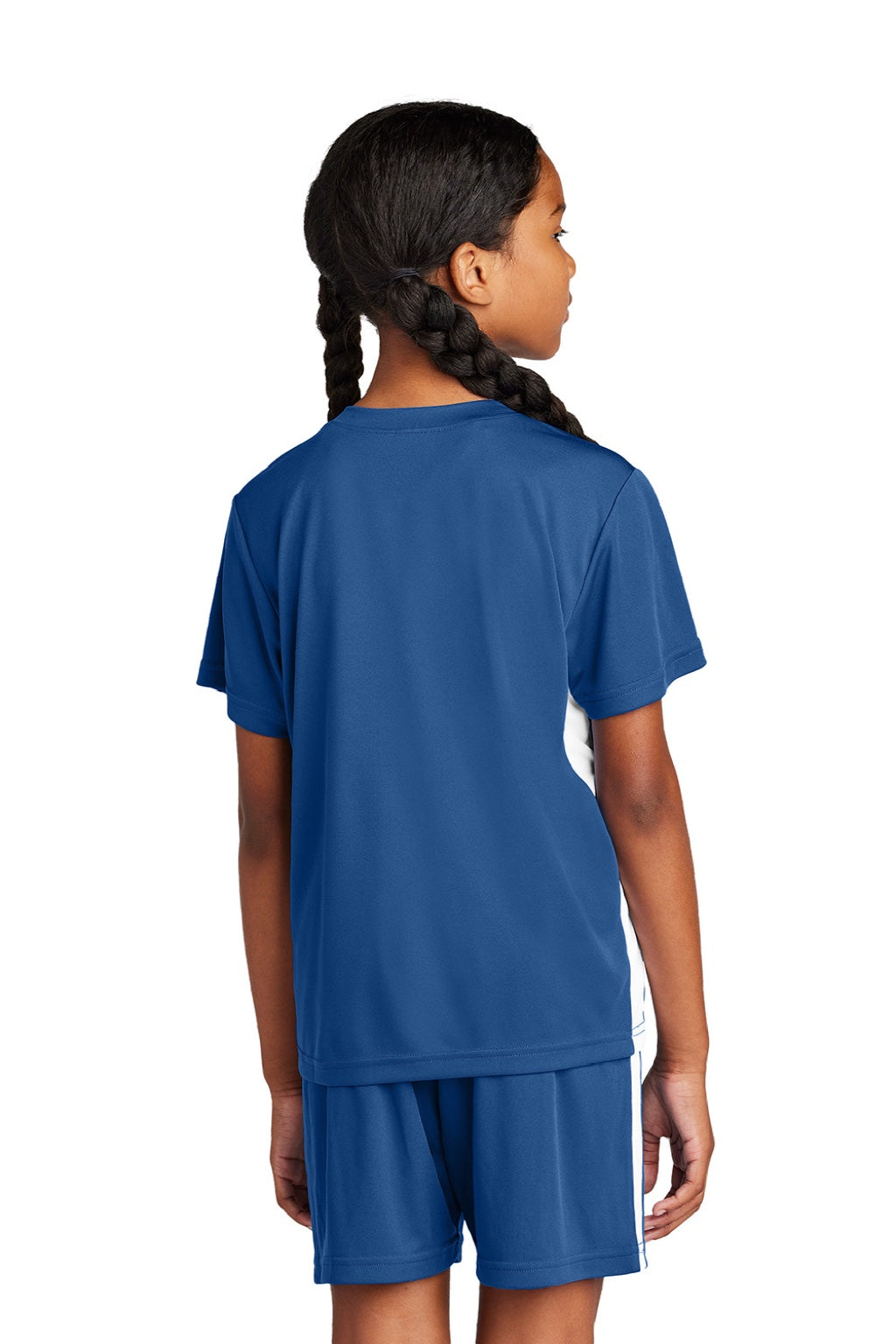 Sport-Tek YST101 Youth Moisture Wicking Competitor United Short Sleeve V-Neck T-Shirt Royal Blue/White Model Back
