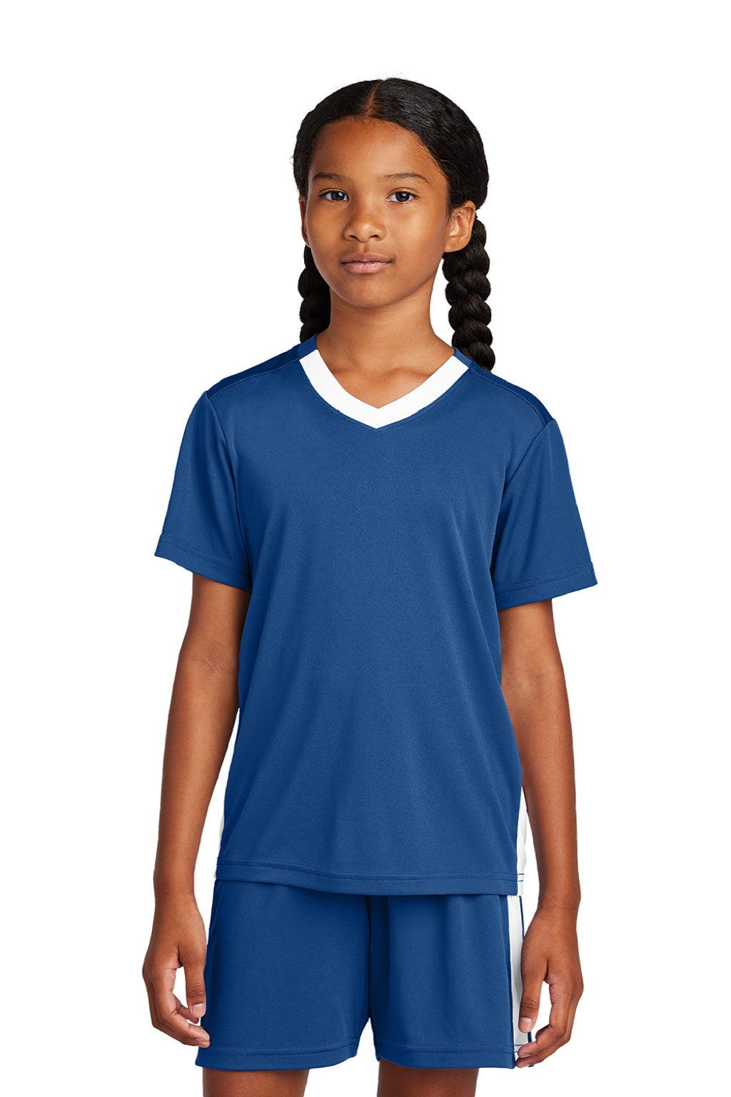 Sport-Tek YST101 Youth Moisture Wicking Competitor United Short Sleeve V-Neck T-Shirt Royal Blue/White Model Front