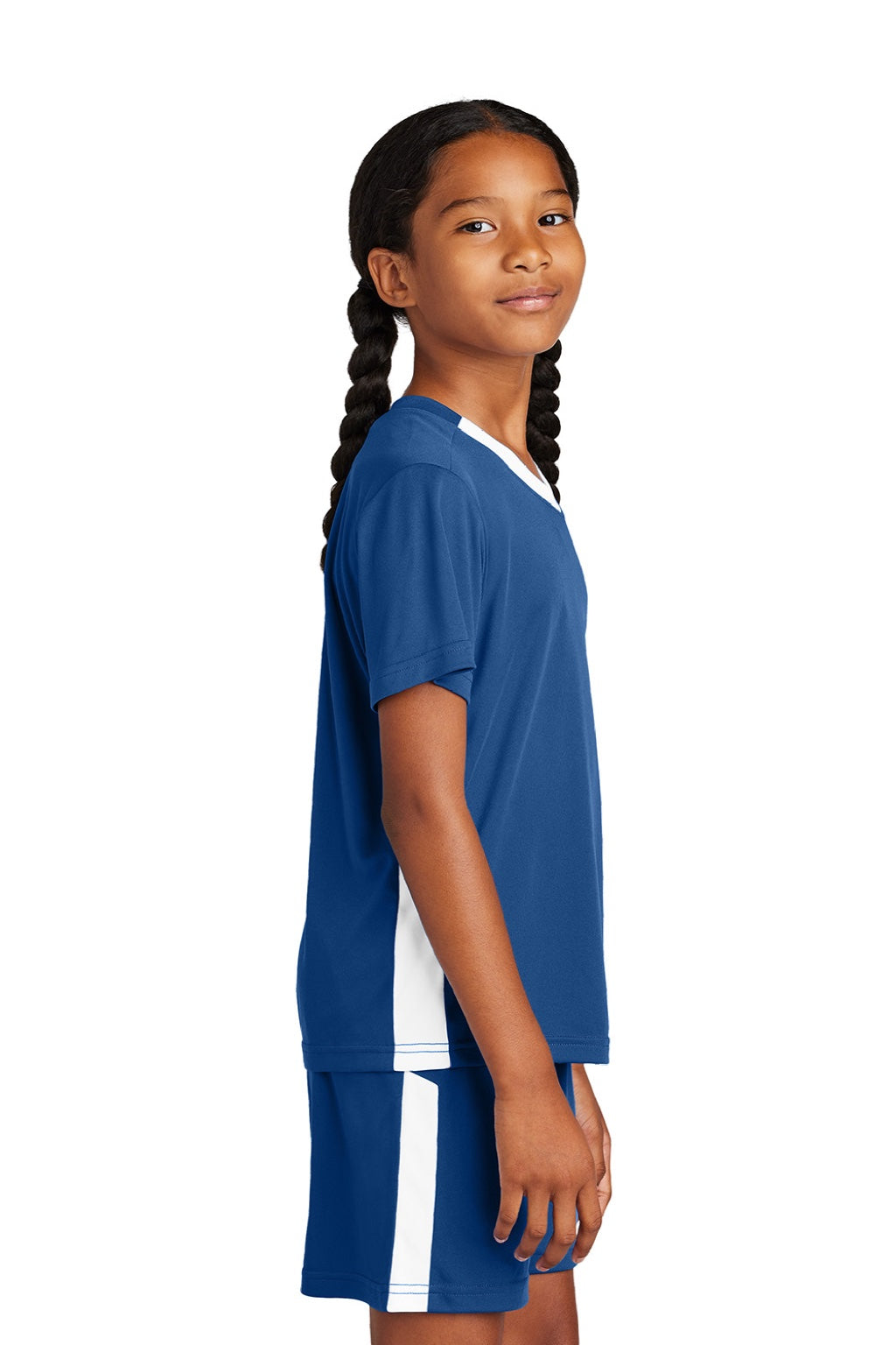 Sport-Tek YST101 Youth Moisture Wicking Competitor United Short Sleeve V-Neck T-Shirt Royal Blue/White Model Side