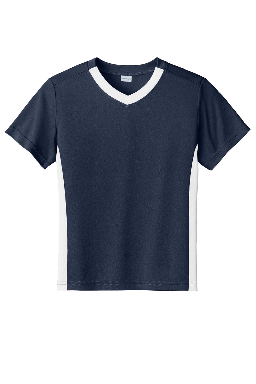 Sport-Tek YST101 Youth Moisture Wicking Competitor United Short Sleeve V-Neck T-Shirt True Navy Blue/White Flat Front