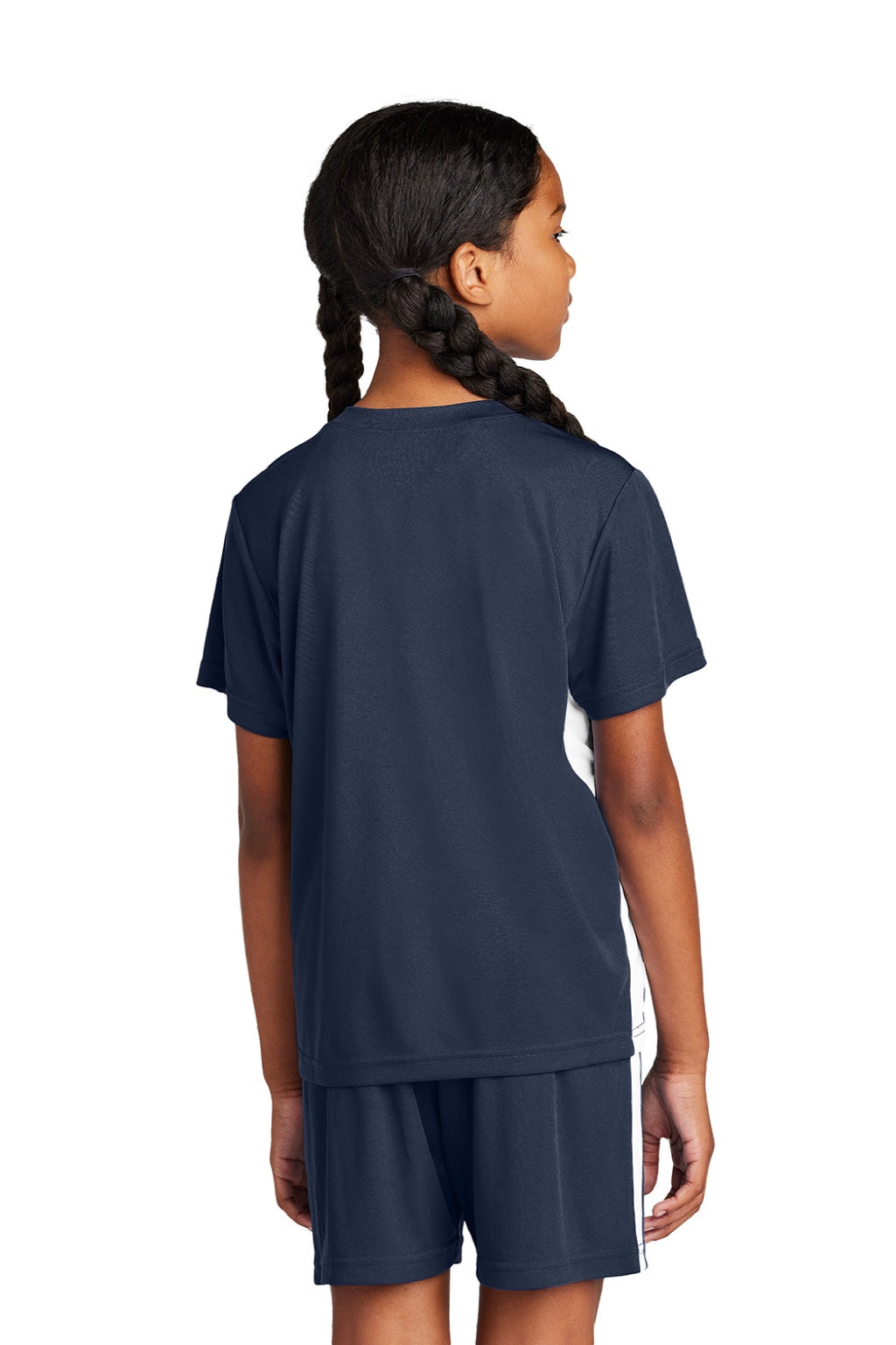 Sport-Tek YST101 Youth Moisture Wicking Competitor United Short Sleeve V-Neck T-Shirt True Navy Blue/White Model Back