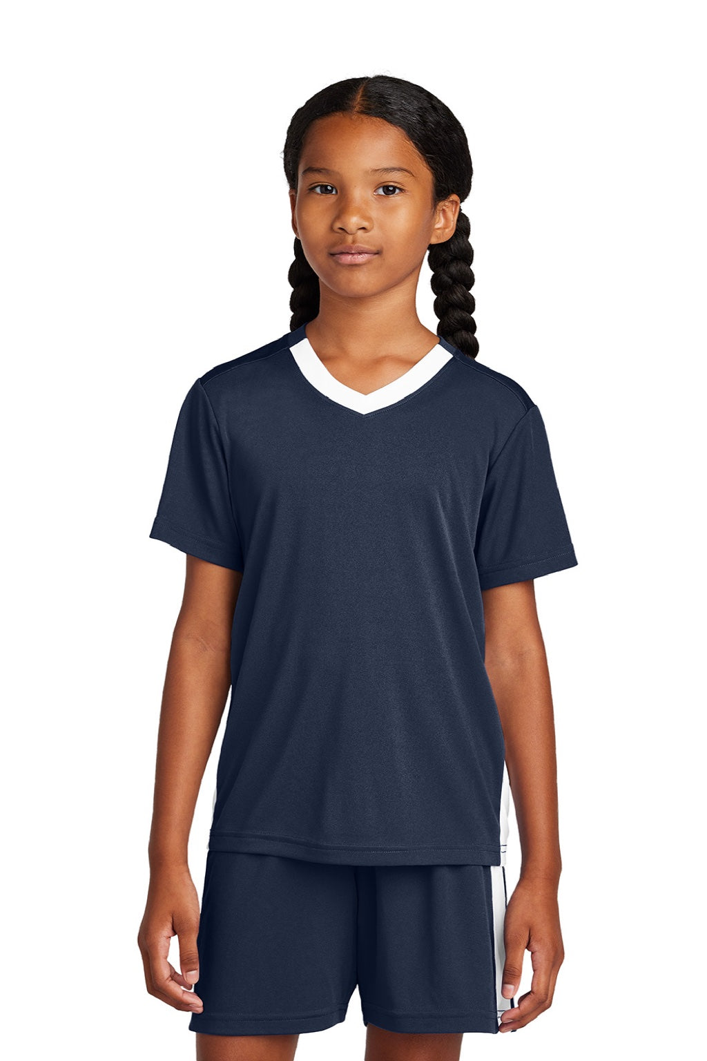 Sport-Tek YST101 Youth Moisture Wicking Competitor United Short Sleeve V-Neck T-Shirt True Navy Blue/White Model Front