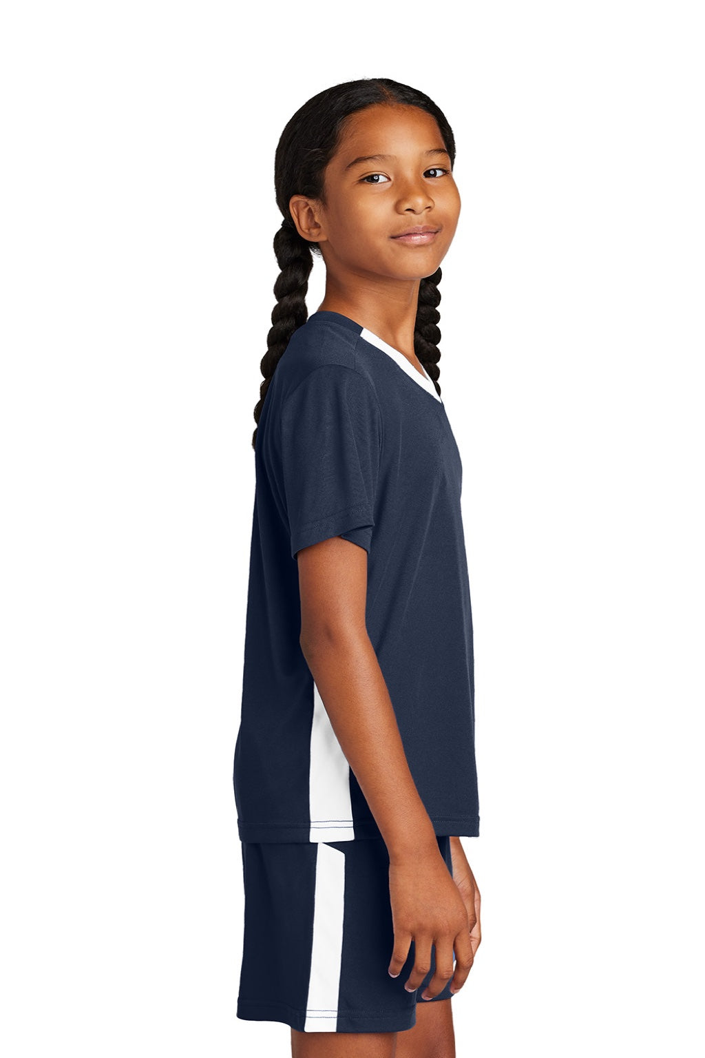 Sport-Tek YST101 Youth Moisture Wicking Competitor United Short Sleeve V-Neck T-Shirt True Navy Blue/White Model Side