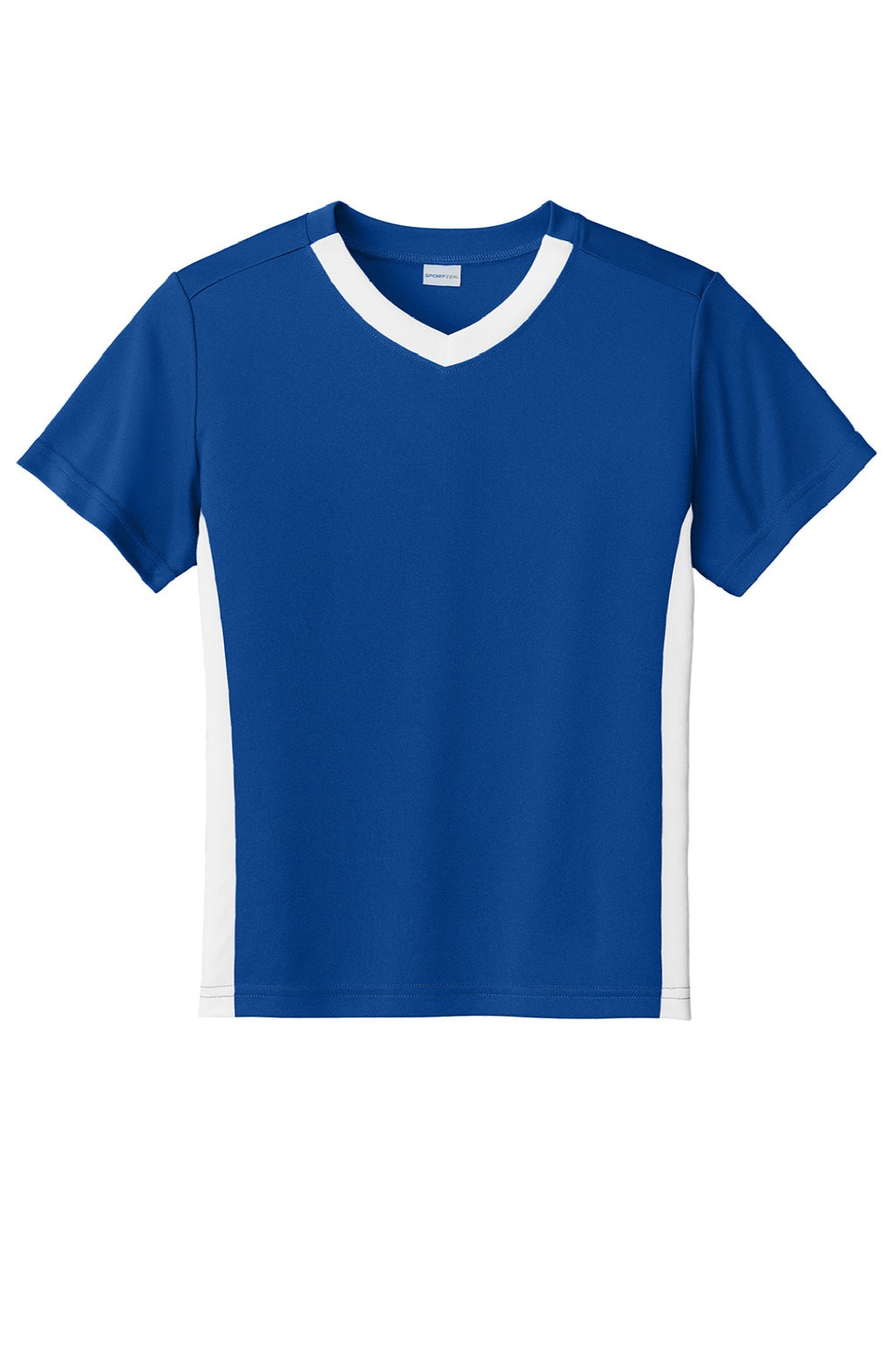 Sport-Tek YST101 Youth Moisture Wicking Competitor United Short Sleeve V-Neck T-Shirt True Royal Blue/White Flat Front