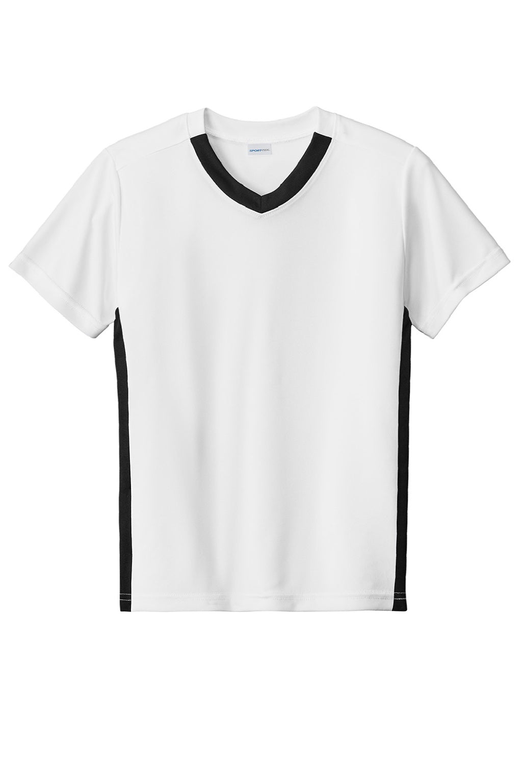 Sport-Tek YST101 Youth Moisture Wicking Competitor United Short Sleeve V-Neck T-Shirt White/Black Flat Front