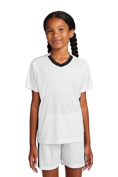 Sport-Tek YST101 Youth Moisture Wicking Competitor United Short Sleeve V-Neck T-Shirt White/Black Model Front