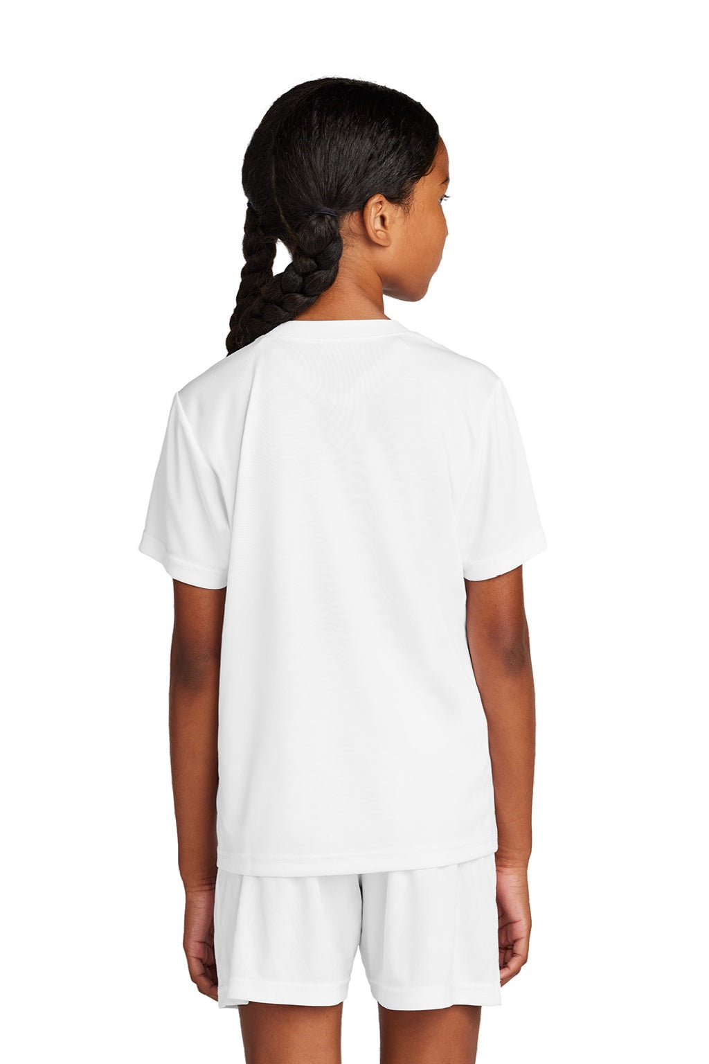 Sport-Tek YST101 Youth Moisture Wicking Competitor United Short Sleeve V-Neck T-Shirt White Model Back