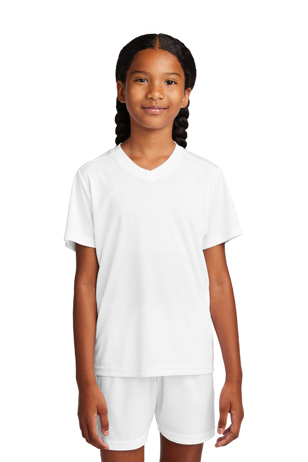 Sport-Tek YST101 Youth Moisture Wicking Competitor United Short Sleeve V-Neck T-Shirt White Model Front