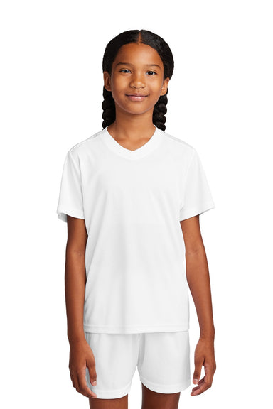 Sport-Tek YST101 Youth Moisture Wicking Competitor United Short Sleeve V-Neck T-Shirt White Model Front